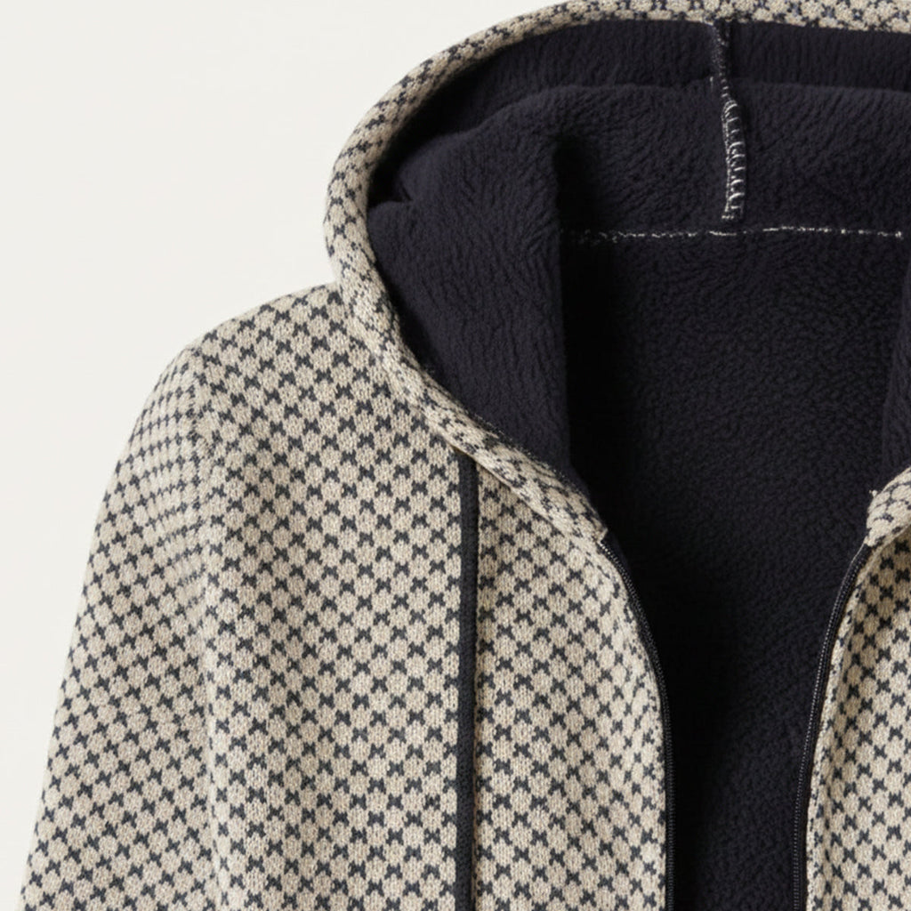 Men's hooded knit cardigan hood interior in black with contrasting outer check pattern