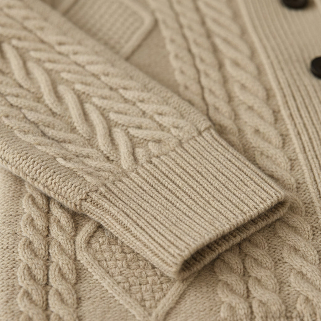Men's beige cashmere cardigan close-up of cable knit texture and ribbed cuff