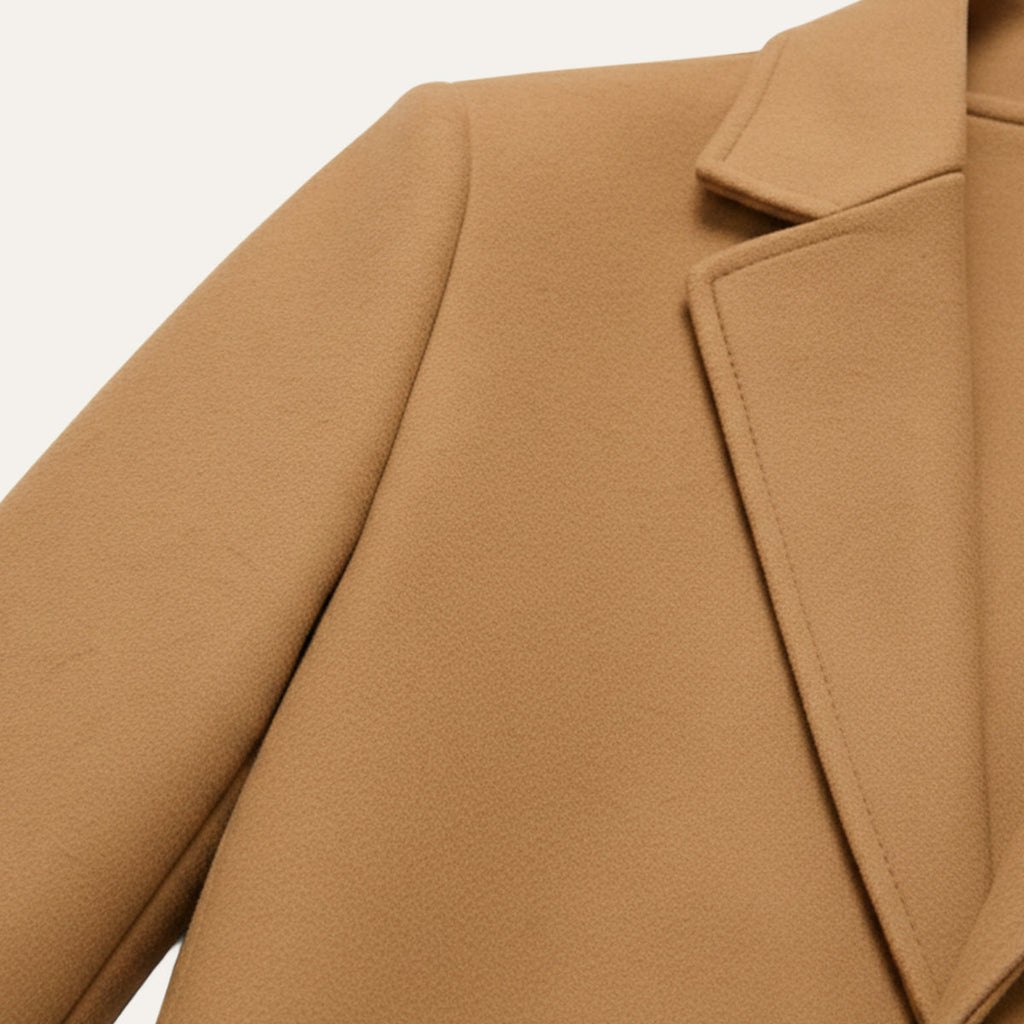 Men's cotton winter overcoat, tan close-up of shoulder and lapel
