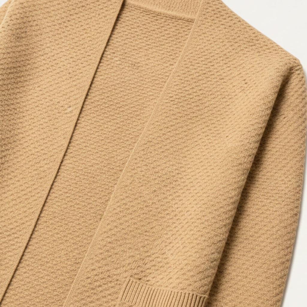 Men's khaki open-front knit cardigan close-up of textured knit and seams