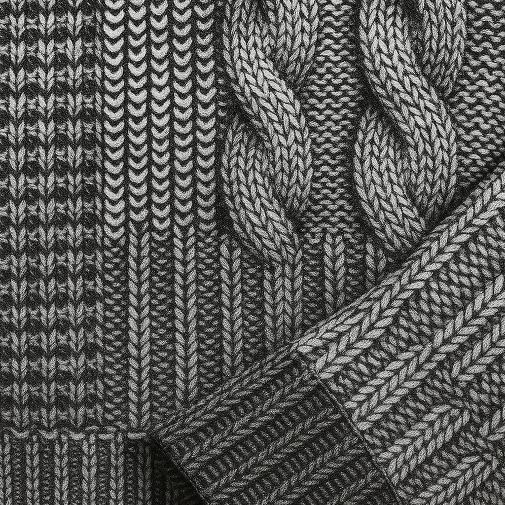 Close-up of dark and light knit cable pattern sweater fabric with ribbed trim