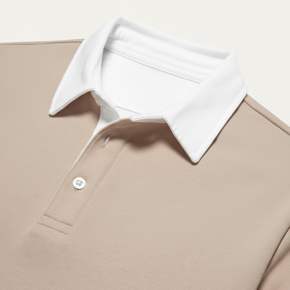 Khaki long-sleeve knit polo with white point collar and two-button placket detail