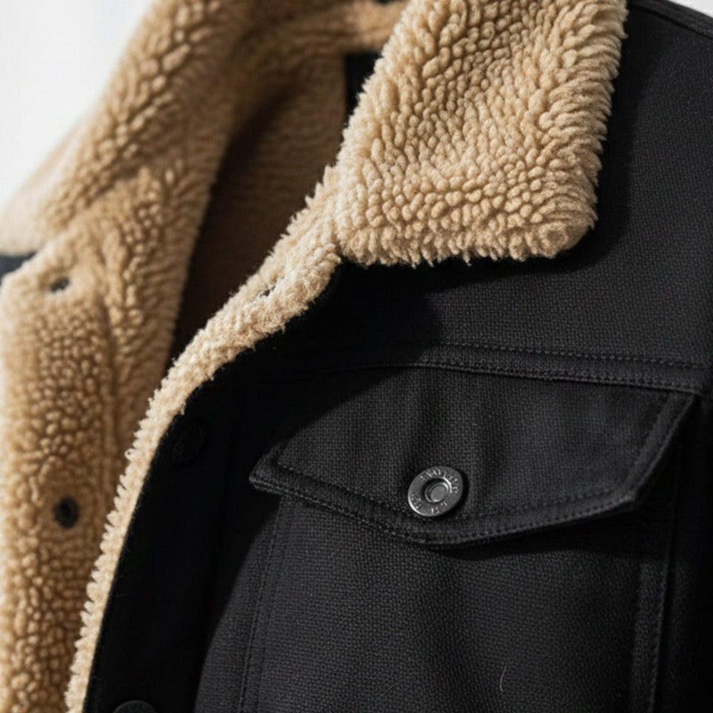 Close-up of fleece-lined collar and chest pocket with metal snap on dark navy coat