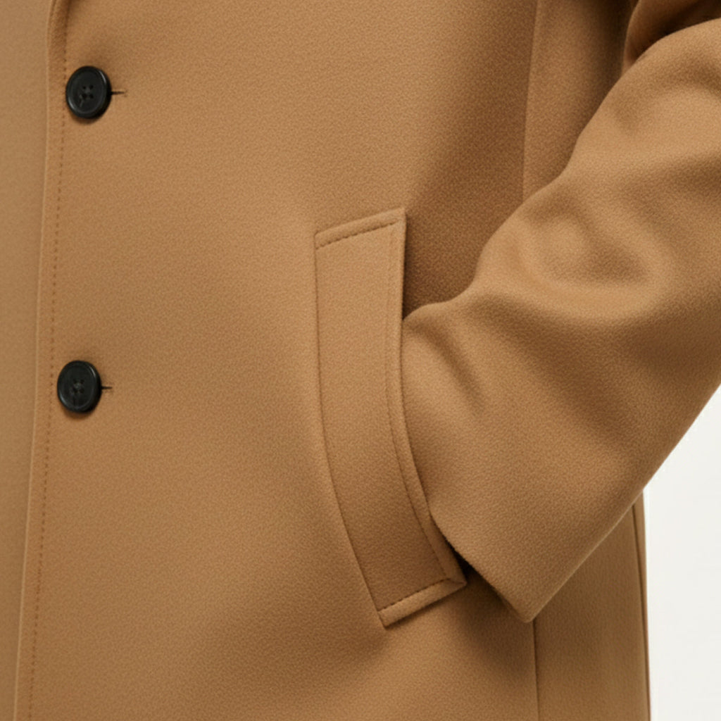 Men's cotton winter overcoat, tan close-up of button placket and pocket flap
