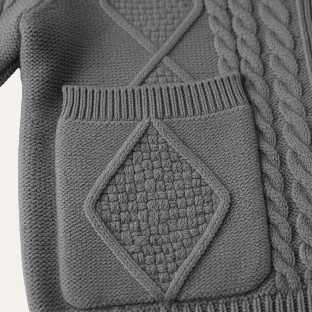 Gray cardigan pocket and knit detail with diamond cable stitch