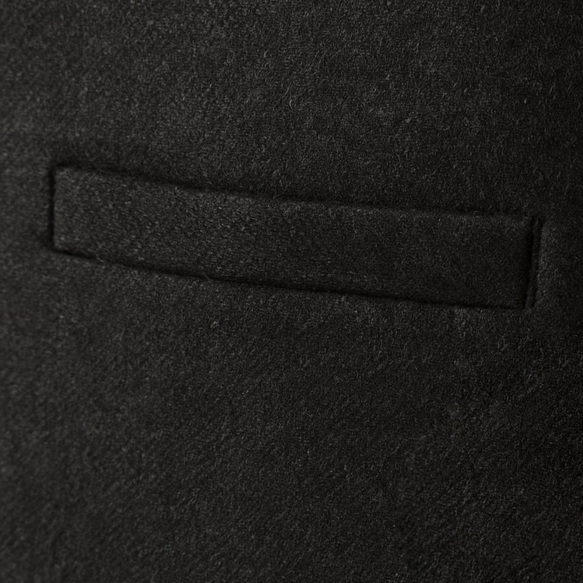 Black sweater vest close-up of a flap pocket detail.