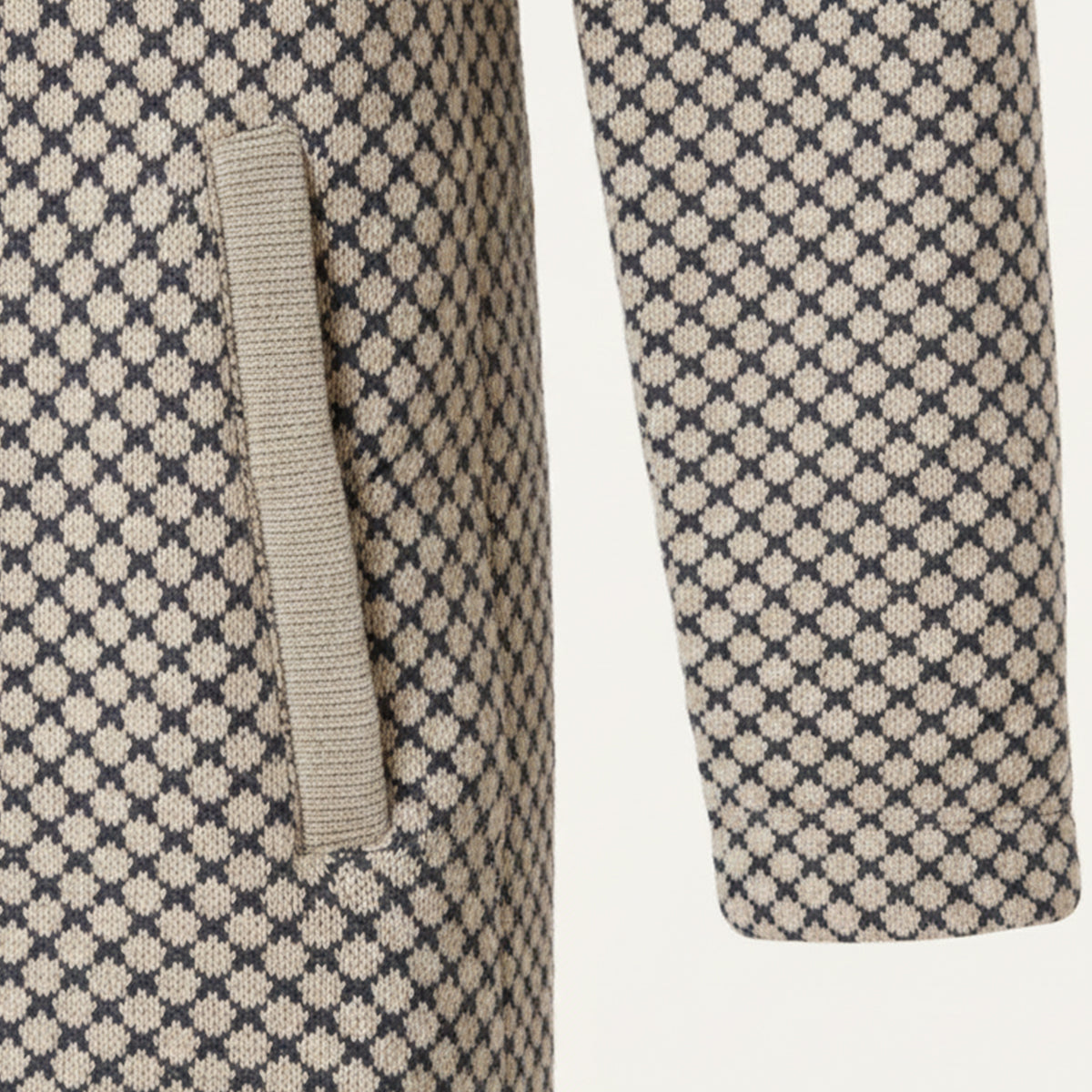 Men's hooded knit cardigan chest pocket detail, beige and black check with ribbed trim