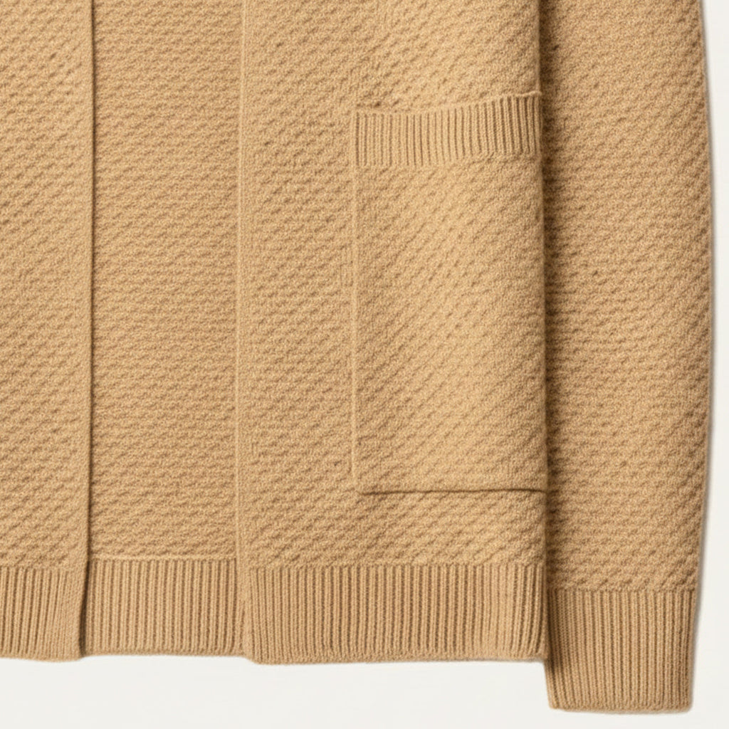 Men's khaki knit cardigan detail: patch pockets and ribbed hem cuffs