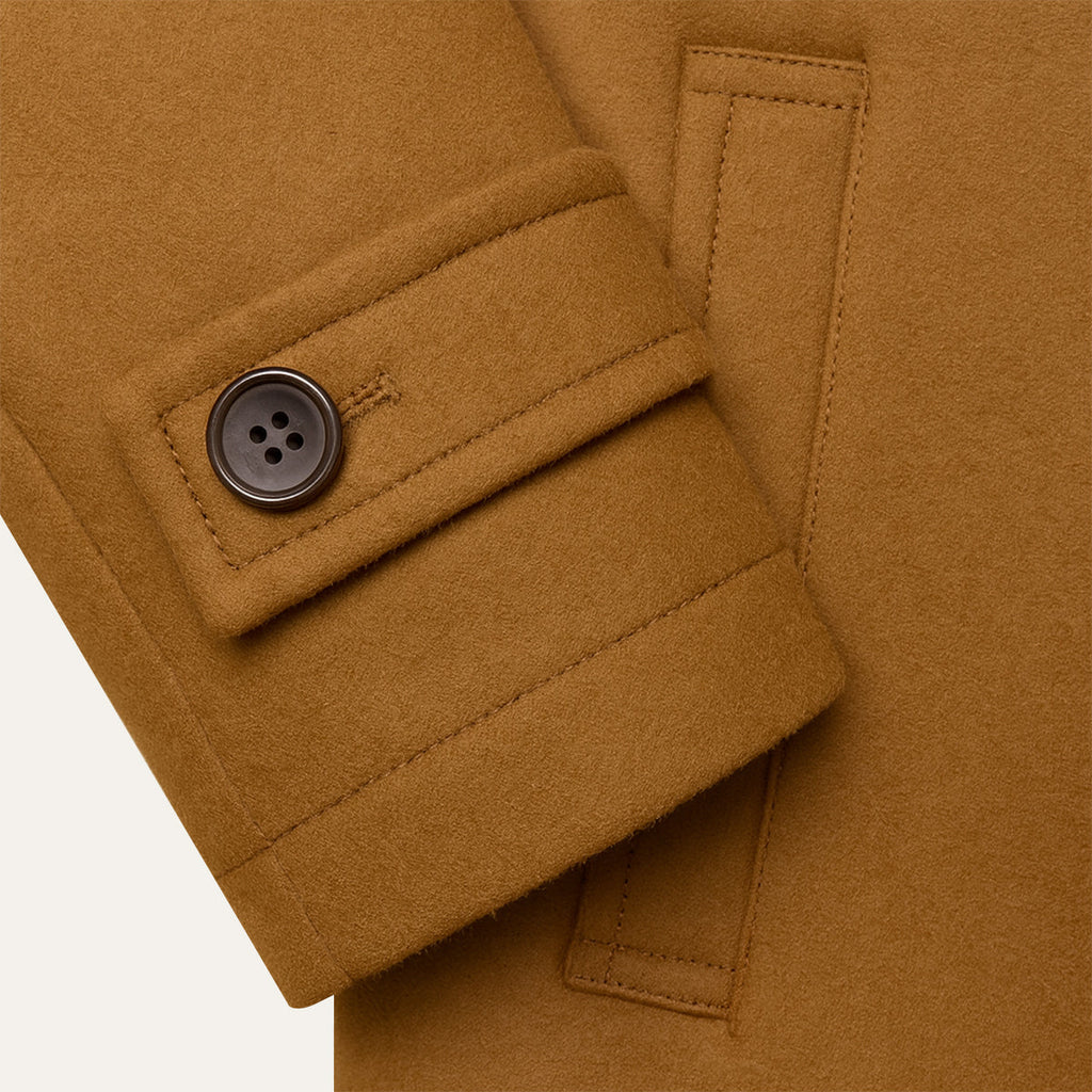 Men's brown jacket cuff with button tab and sleeve pocket detail