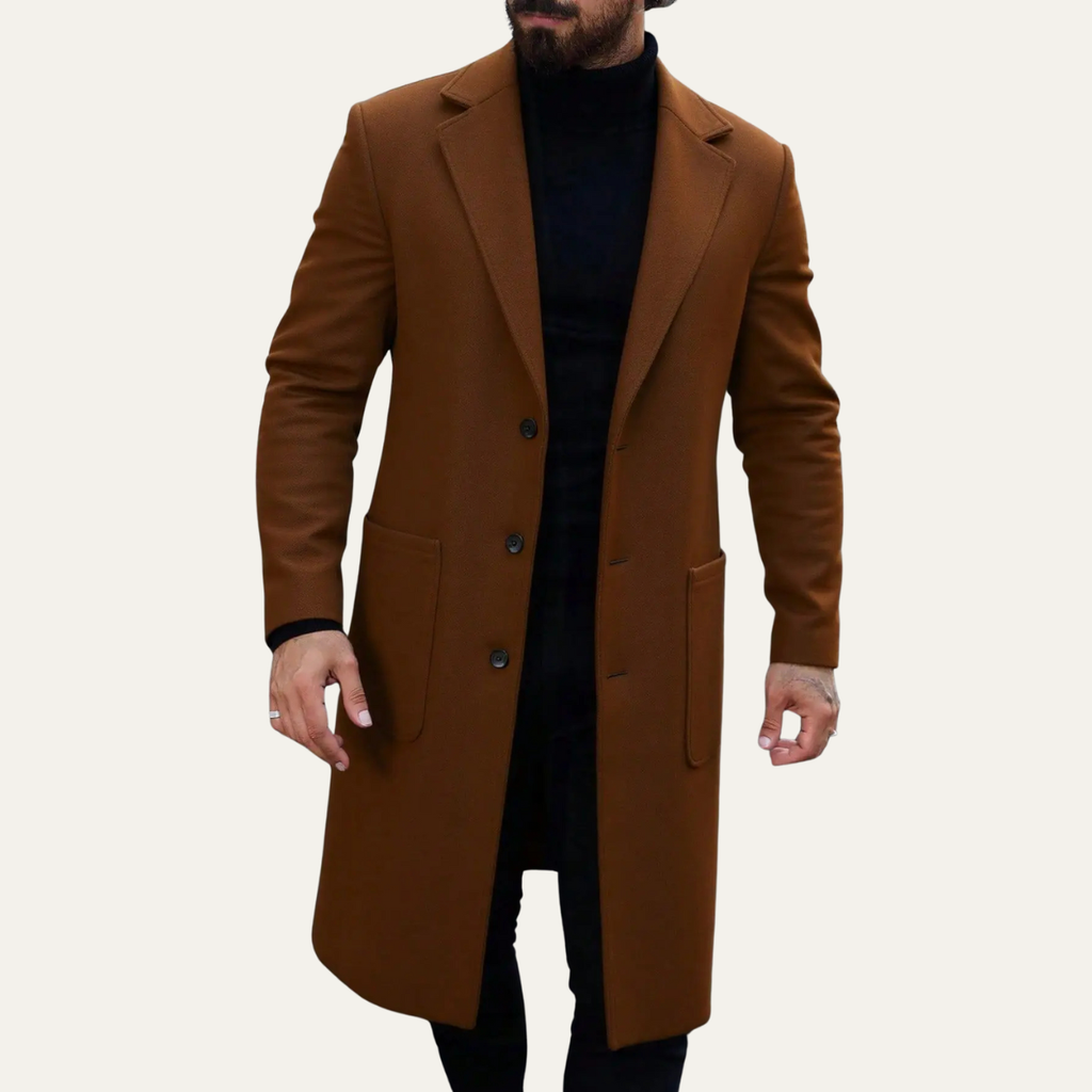 Men’s brown slim-fit overcoat with notched lapels, button front, and flap welt pockets