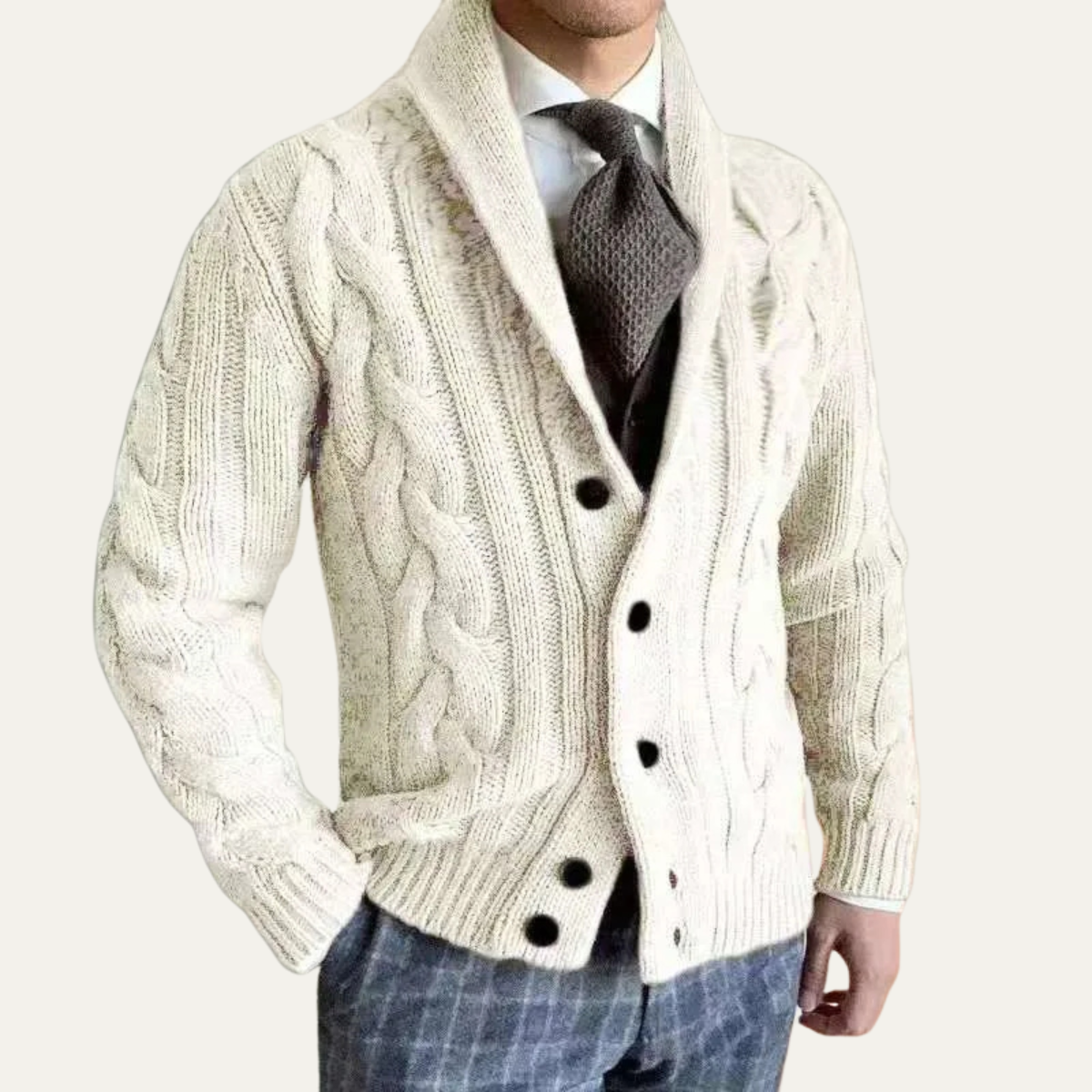 Cream cable knit cardigan with shawl collar and button front, long sleeves