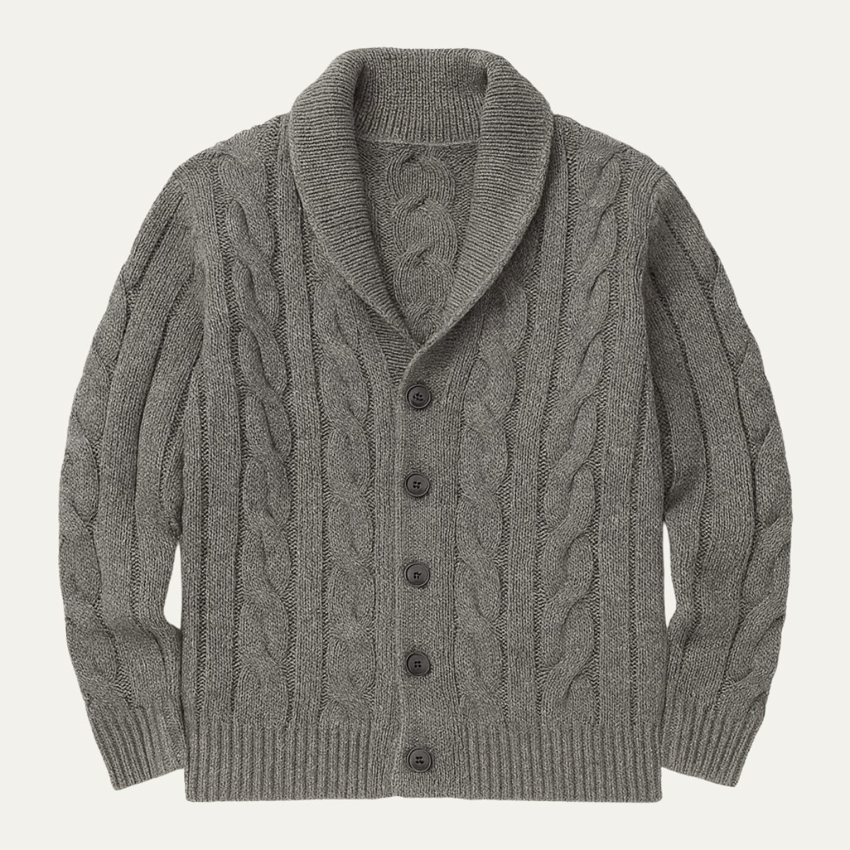 Dark gray cable knit cardigan with shawl collar and button front, long sleeves