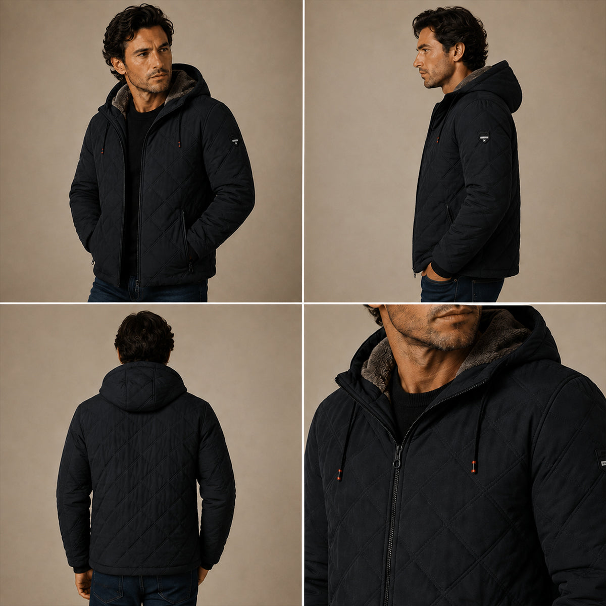 Men's black quilted puffer jacket with hood, fleece lining, and zip closure on model