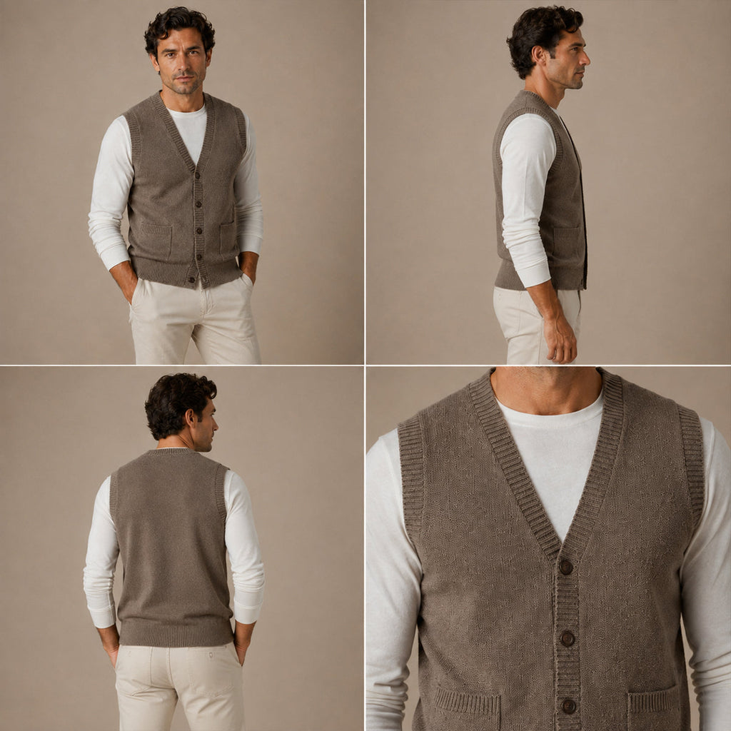 Brown knit button-front vest on model, V-neck and patch pockets