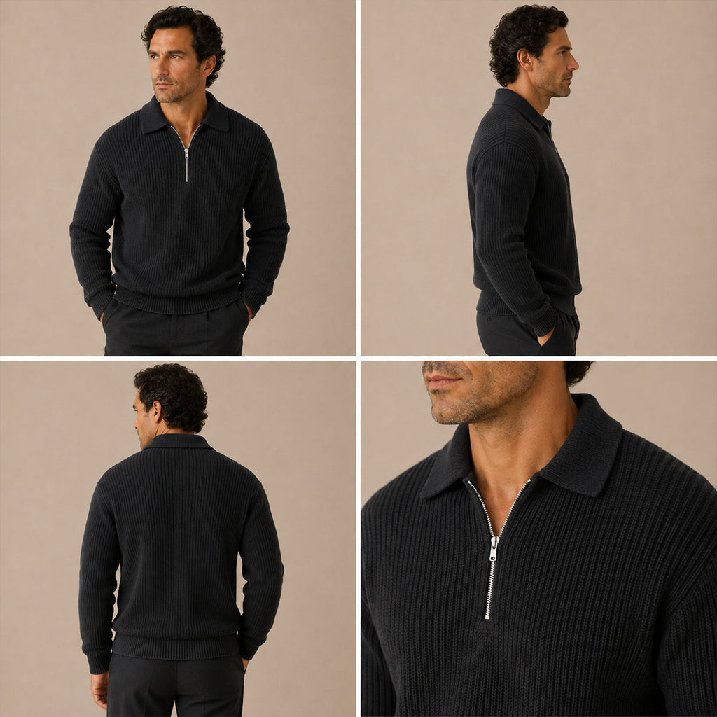 Men’s black half-zip ribbed knit sweater shown from front, side, and back.