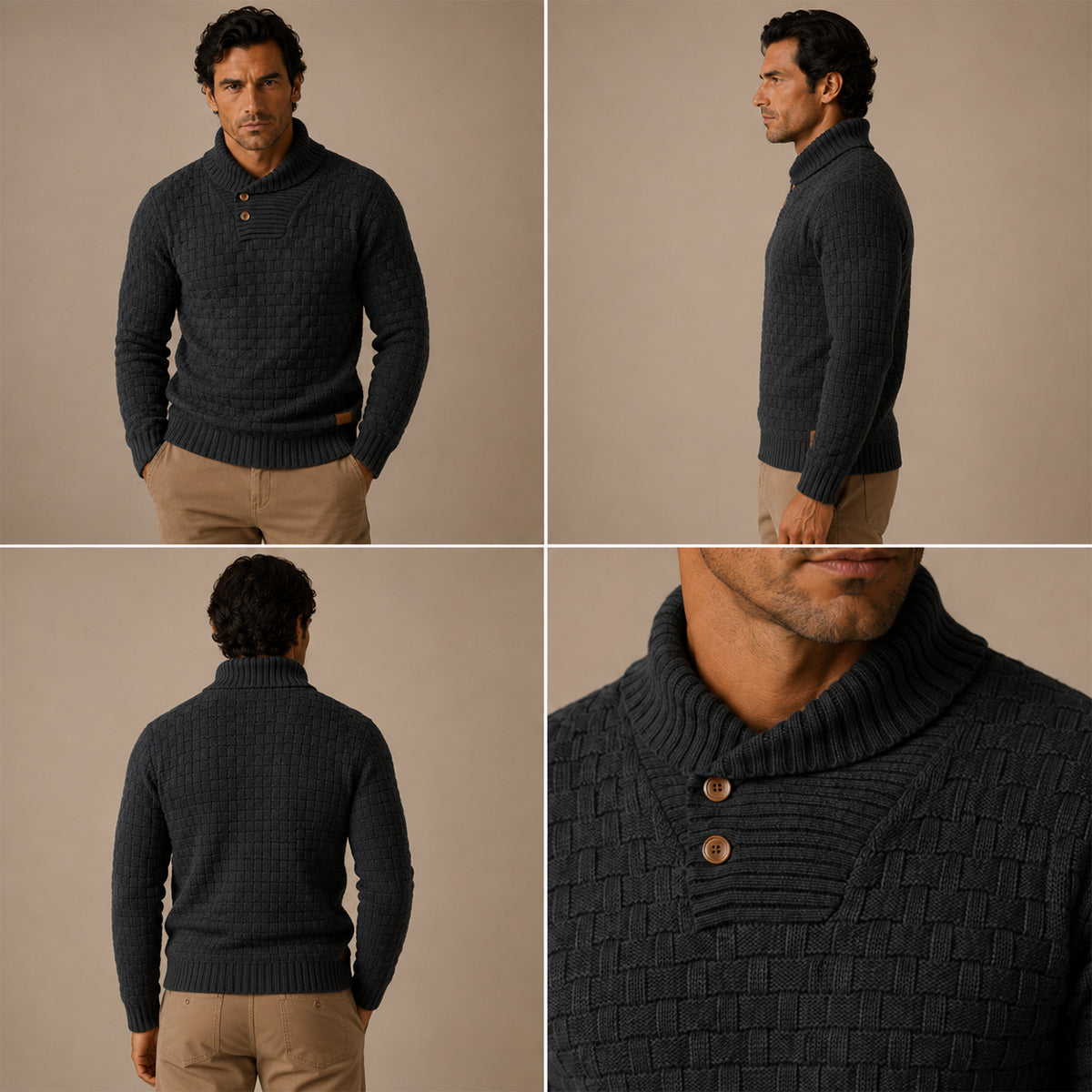 Men’s dark textured knit sweater shown from front, back, and side views