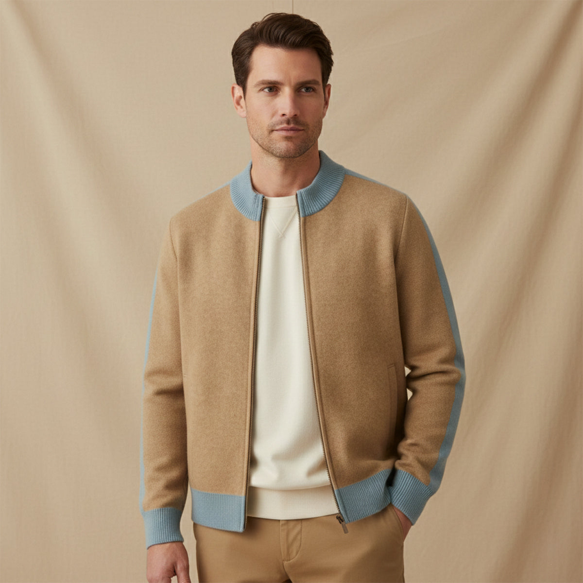 Men's cashmere zip-front sweater in khaki with light blue ribbing at hem and cuffs