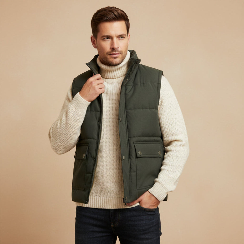 Men's fleece-lined winter vest, dark green, quilted puffer with two front pockets