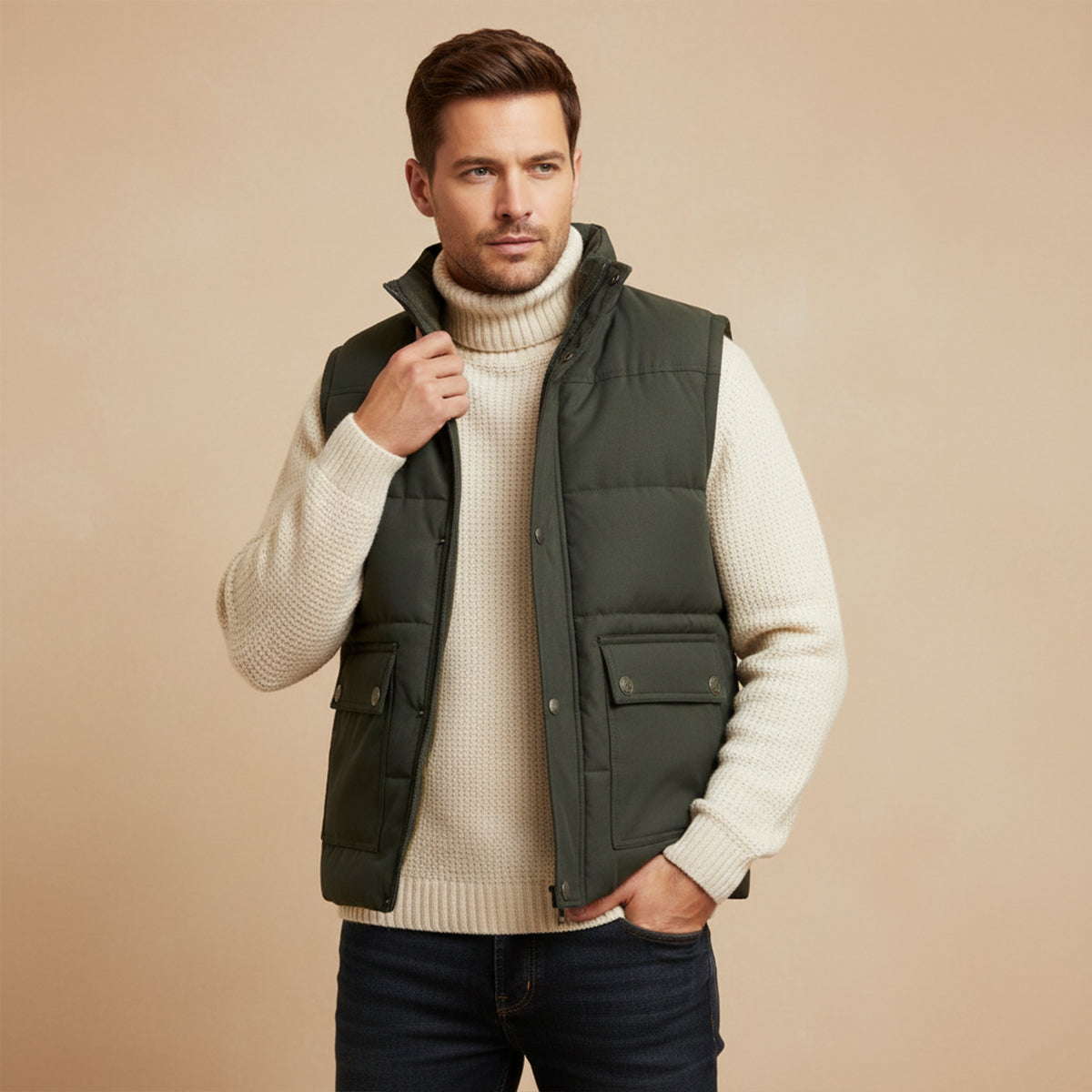 Men's fleece-lined winter vest, dark green, quilted puffer with two front pockets