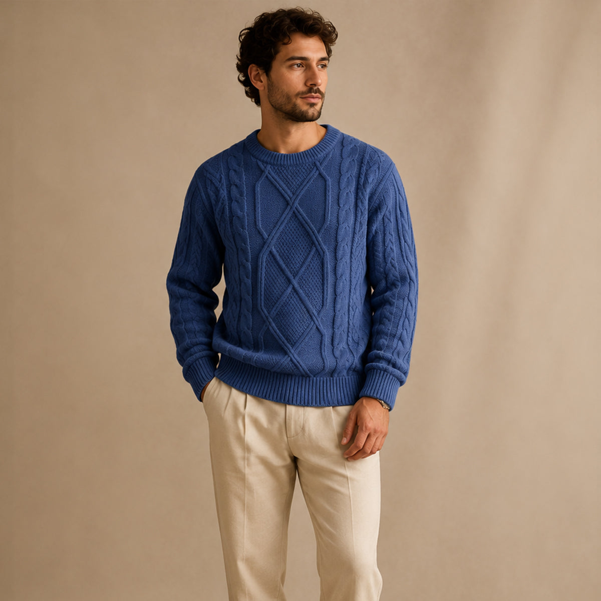Men's blue cable knit winter sweater with ribbed crew neck, diamond cable design, and cuffs