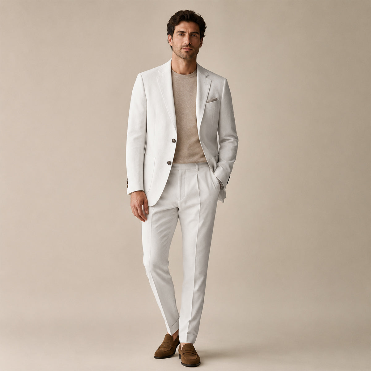 White slim fit business suit set on model, blazer and tapered trousers