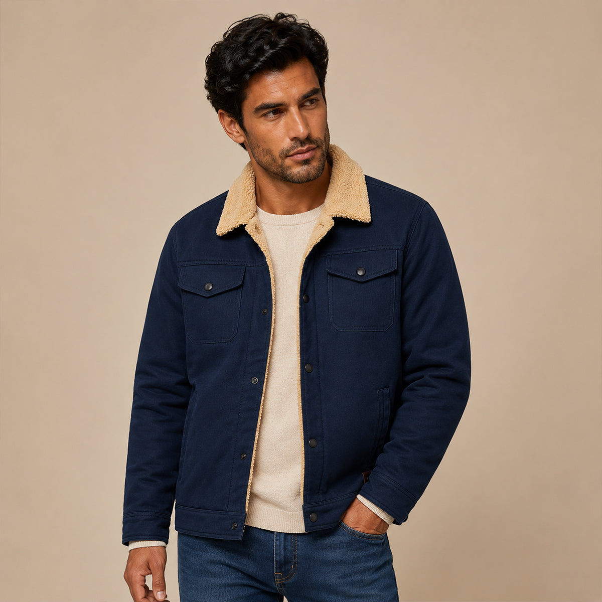 Men's navy fleece-lined outdoor jacket with stand collar, snap buttons, chest pockets
