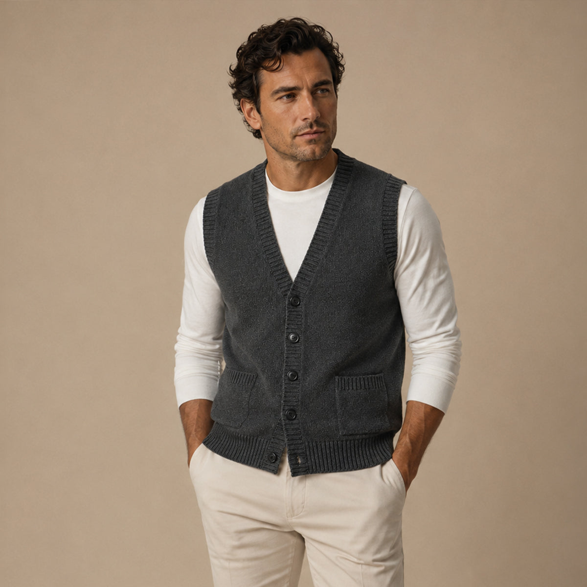 Dark gray V-neck button-front knit vest with patch pockets, worn by model