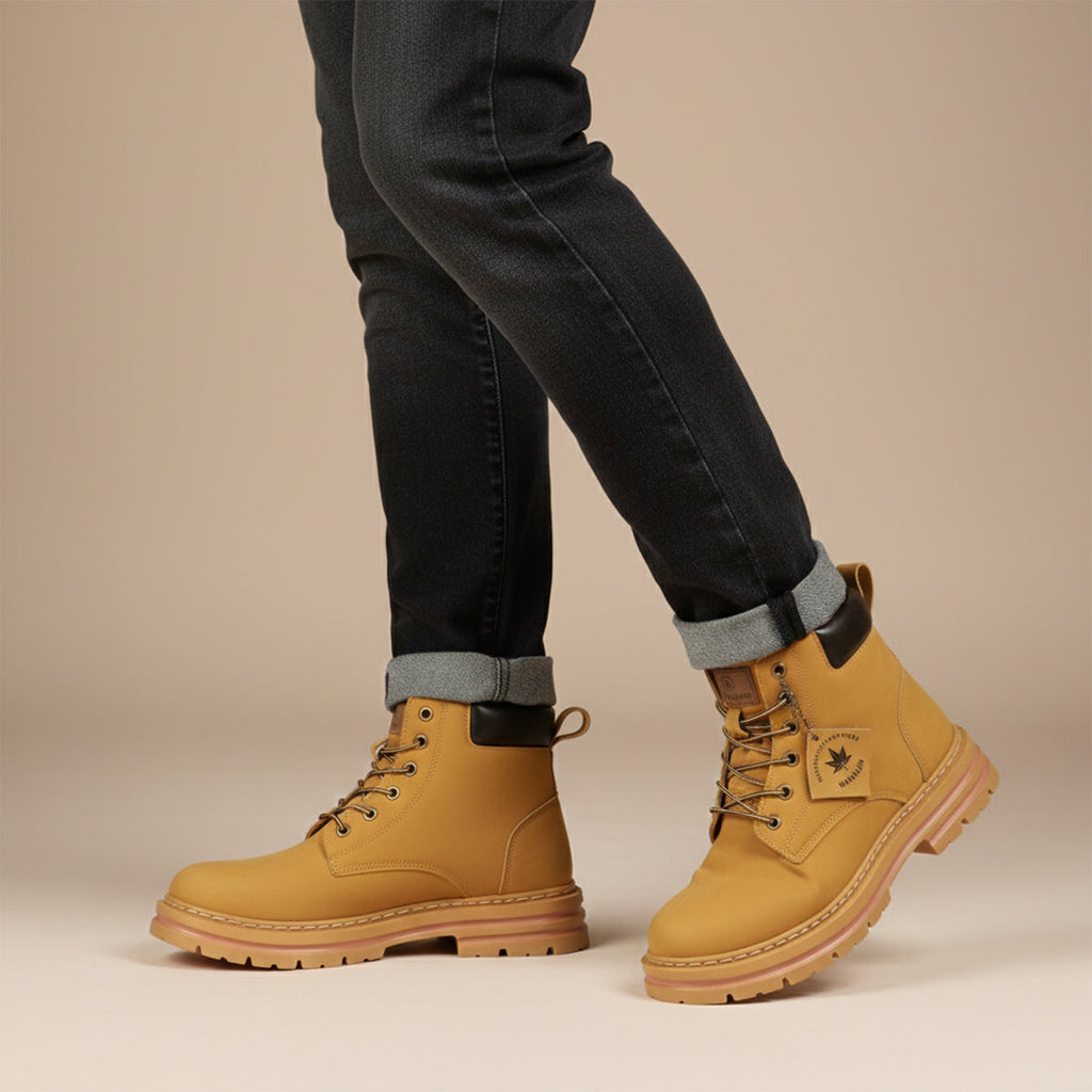 Men’s tan fur-lined insulated snow boots worn with dark jeans, lace-up style