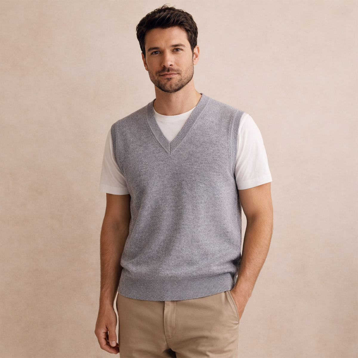 Men's light gray V-neck sleeveless knit sweater vest worn over a white T-shirt