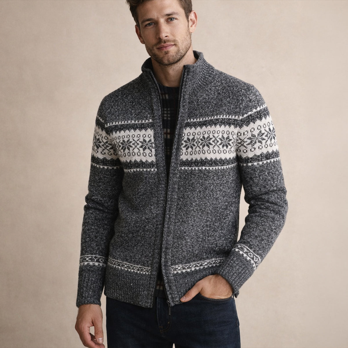 Dark gray knitted zip-up cardigan with Fair Isle stripe design and ribbed hem and cuffs