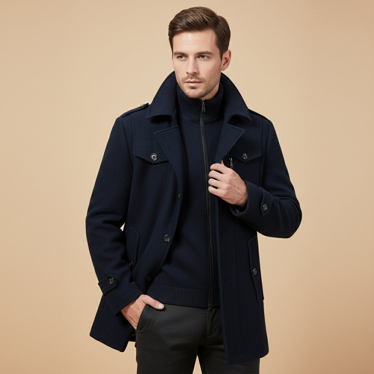 Men's wool-blend coat in dark navy, stand collar, zip front, flap pockets, button cuffs