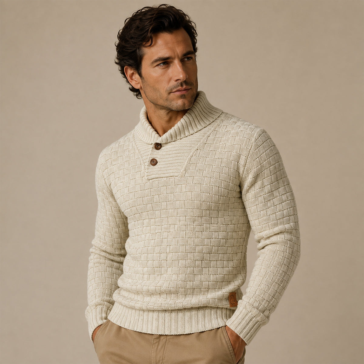 Men's textured knit winter sweater, mock neck, half-button placket, light cream