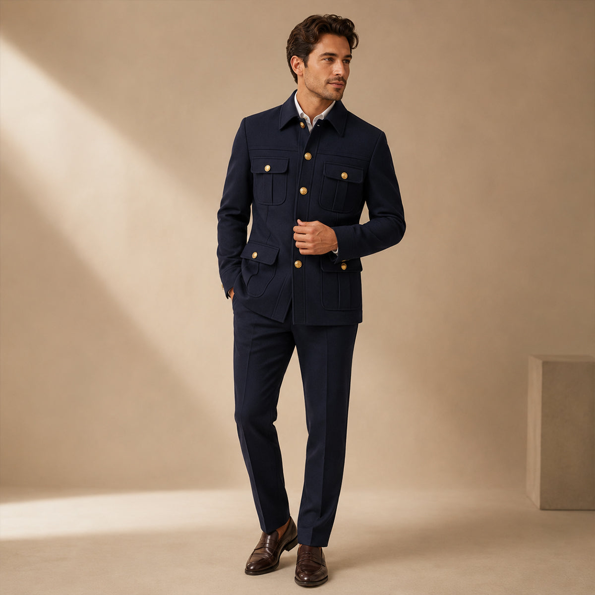 Men's navy multi-pocket business suit set worn with matching trousers and gold buttons