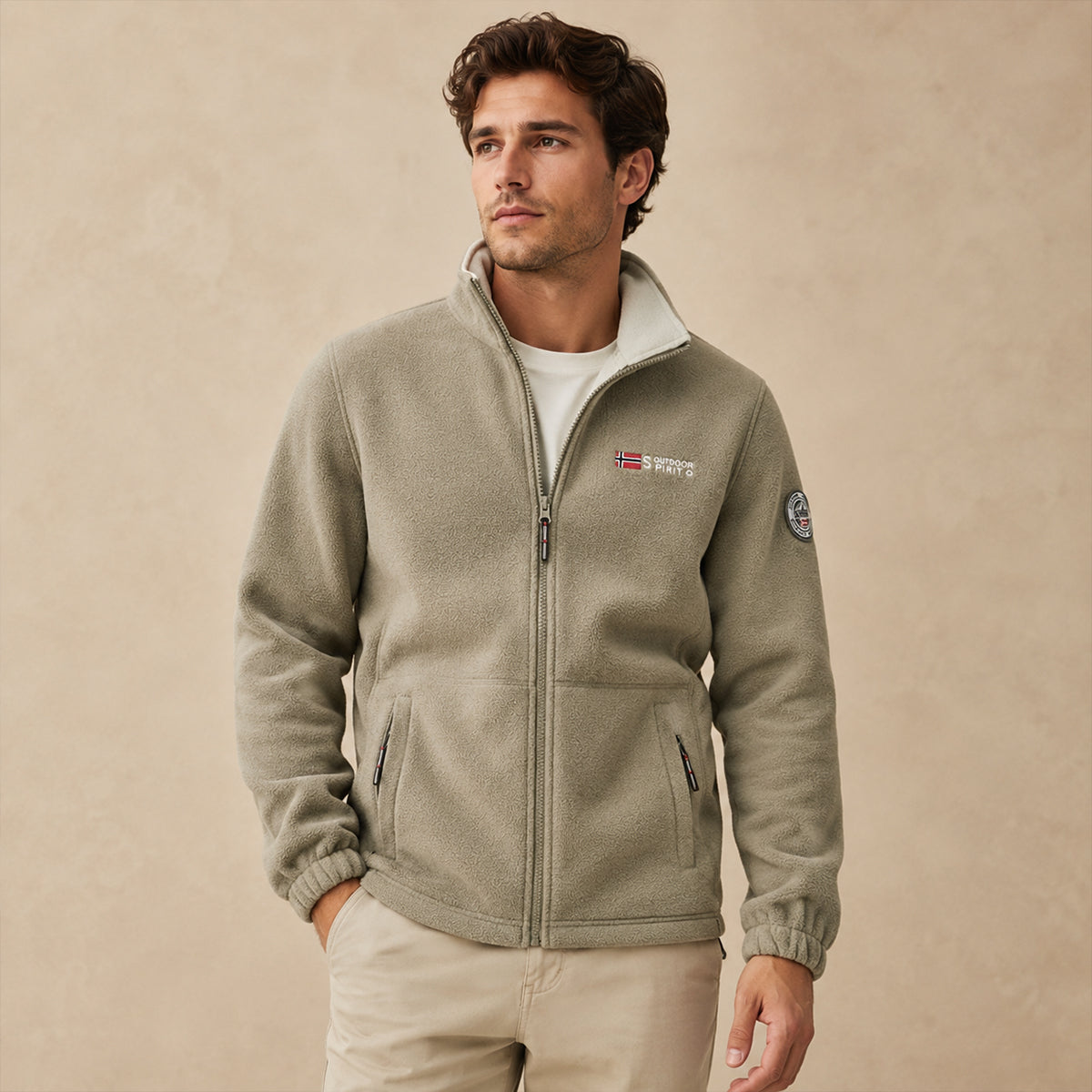 Men's khaki fleece-lined outdoor jacket, full-zip front with side pockets