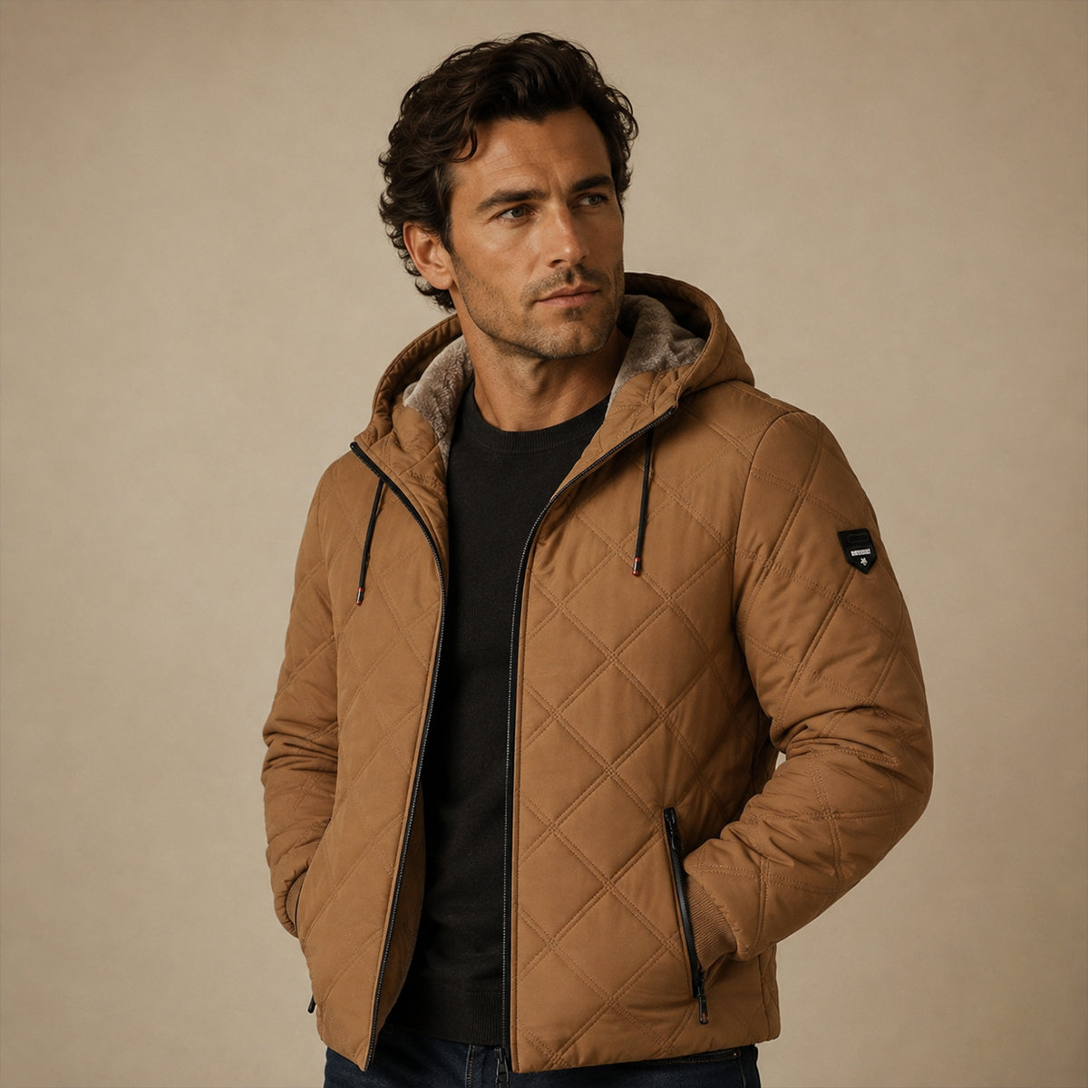 Men's quilted puffer jacket in tan with full-zip front and adjustable hood