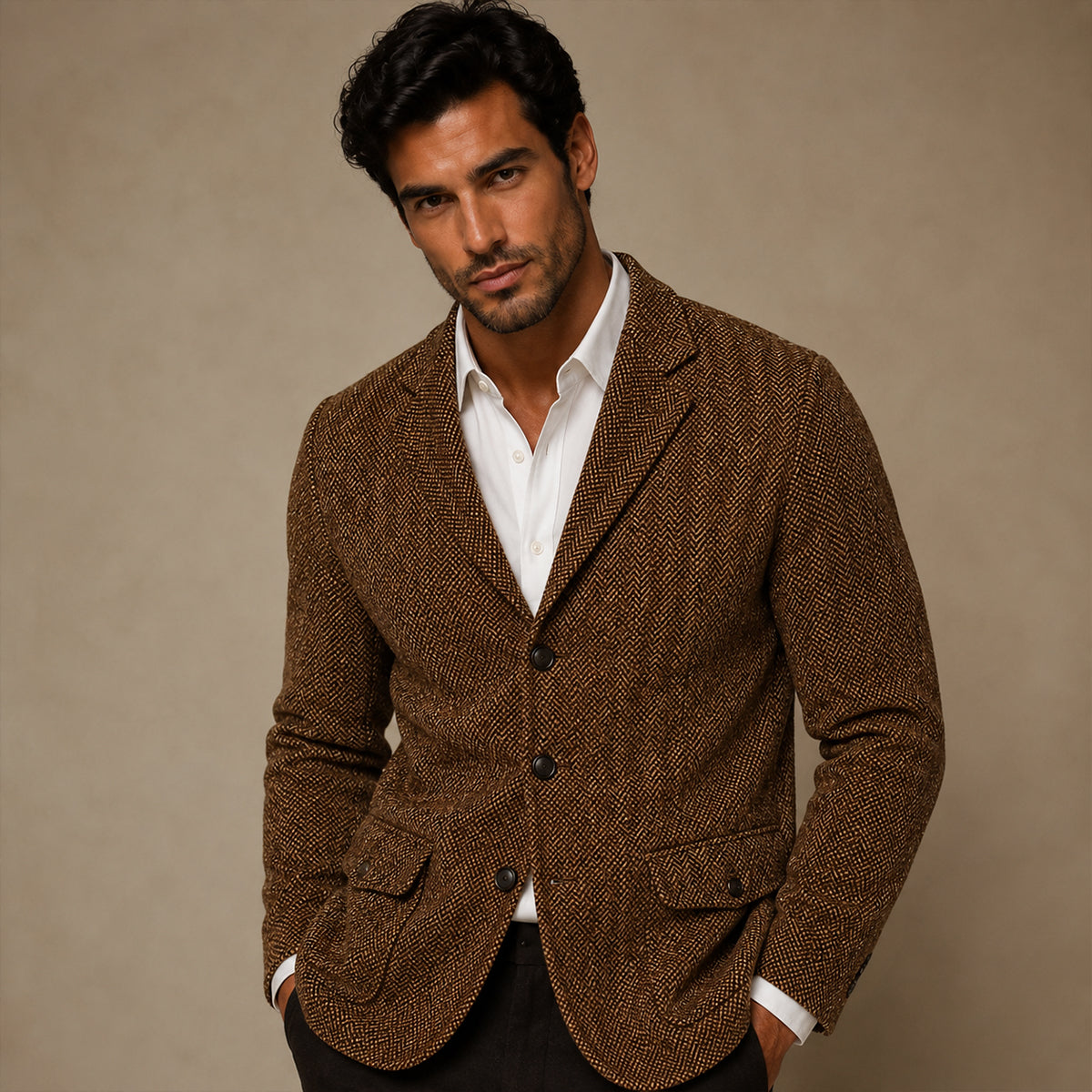 Men's dark brown tweed blazer, single-breasted with notched lapels and button front