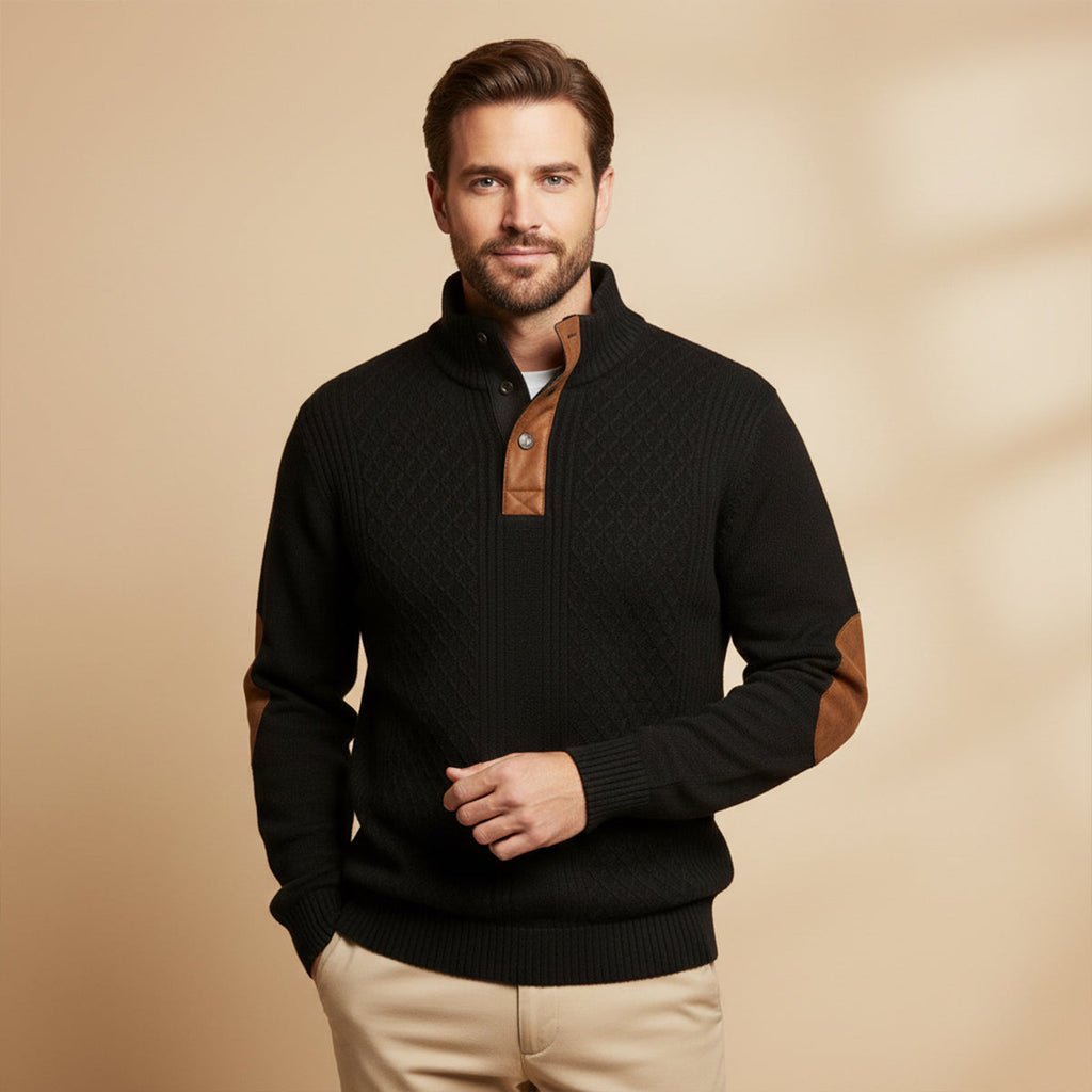 Men's black quarter-zip knit sweater with tan leather-look button placket and ribbed hem