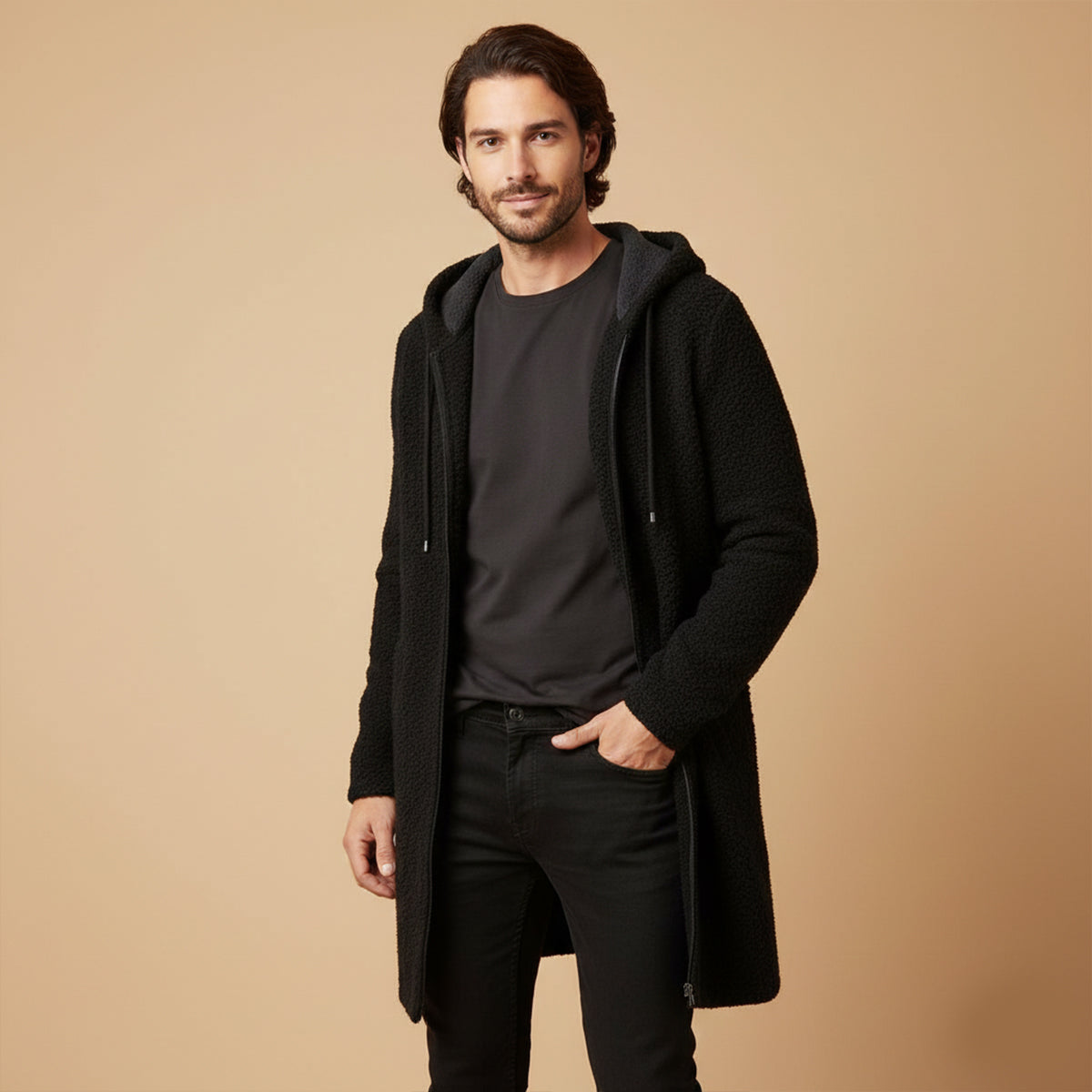 Men's longline solid black hooded knit cardigan with textured knit and open front