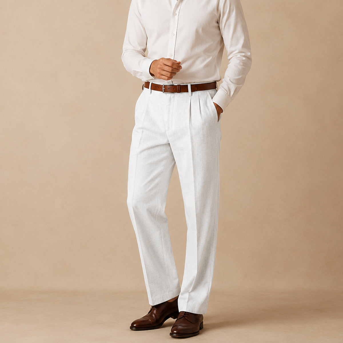 Men's white pleated straight pants worn with a brown belt and leather shoes