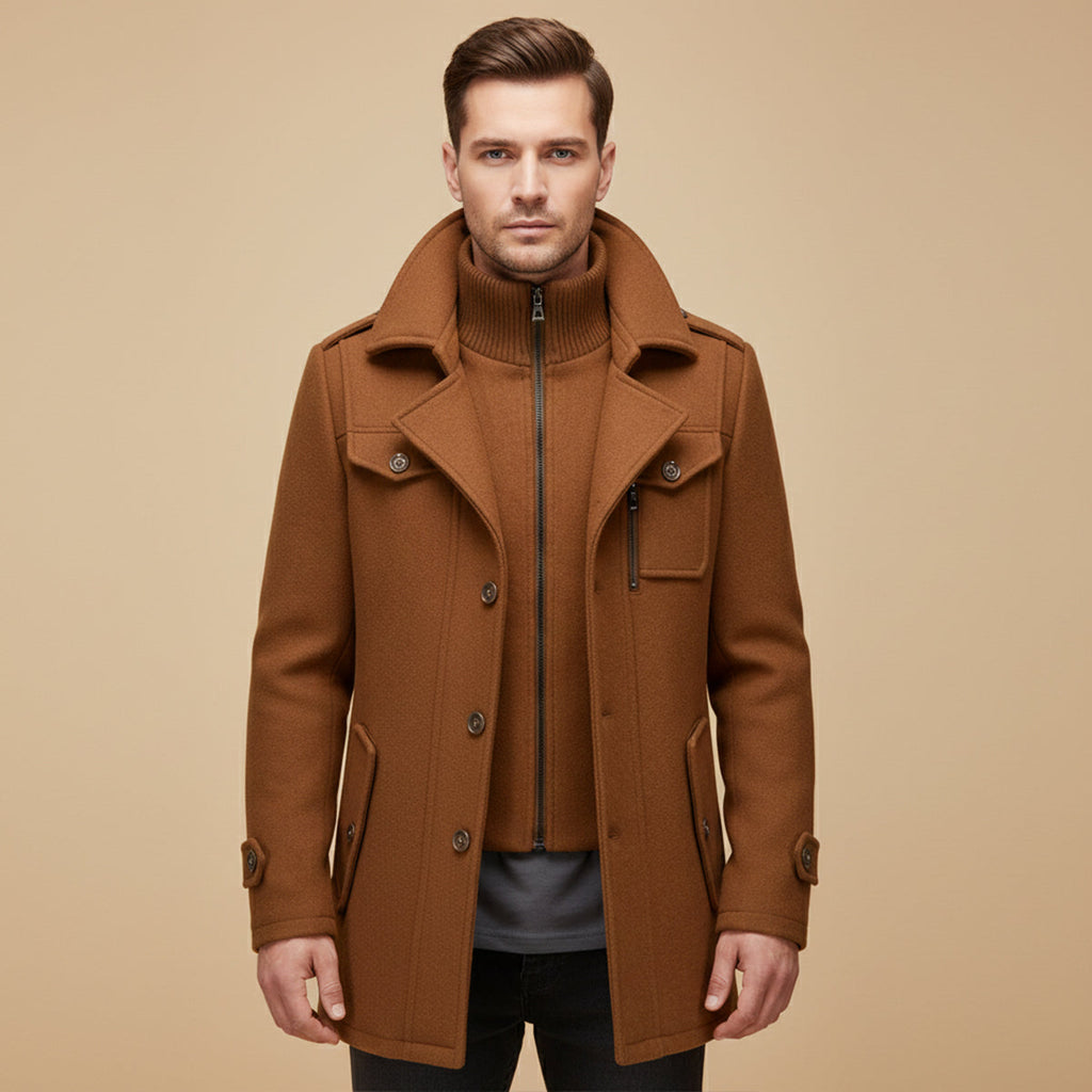 Men's wool-blend coat in warm brown, stand collar, front zipper, flap pockets, button placket