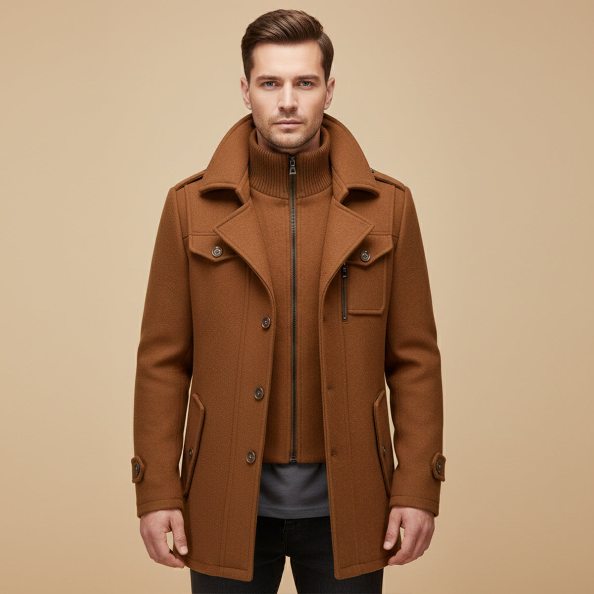 Men's wool-blend coat in warm brown, stand collar, front zipper, flap pockets, button placket