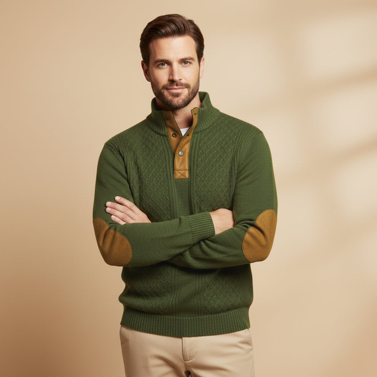 Men's green knit quarter-zip sweater with brown leather-look button placket