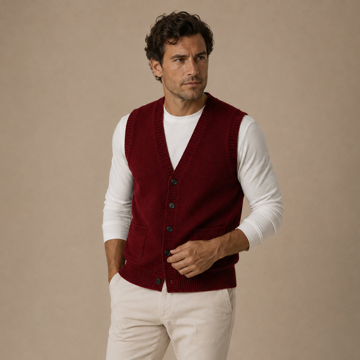 Red V-neck button-front knit vest on model over a white long-sleeve shirt