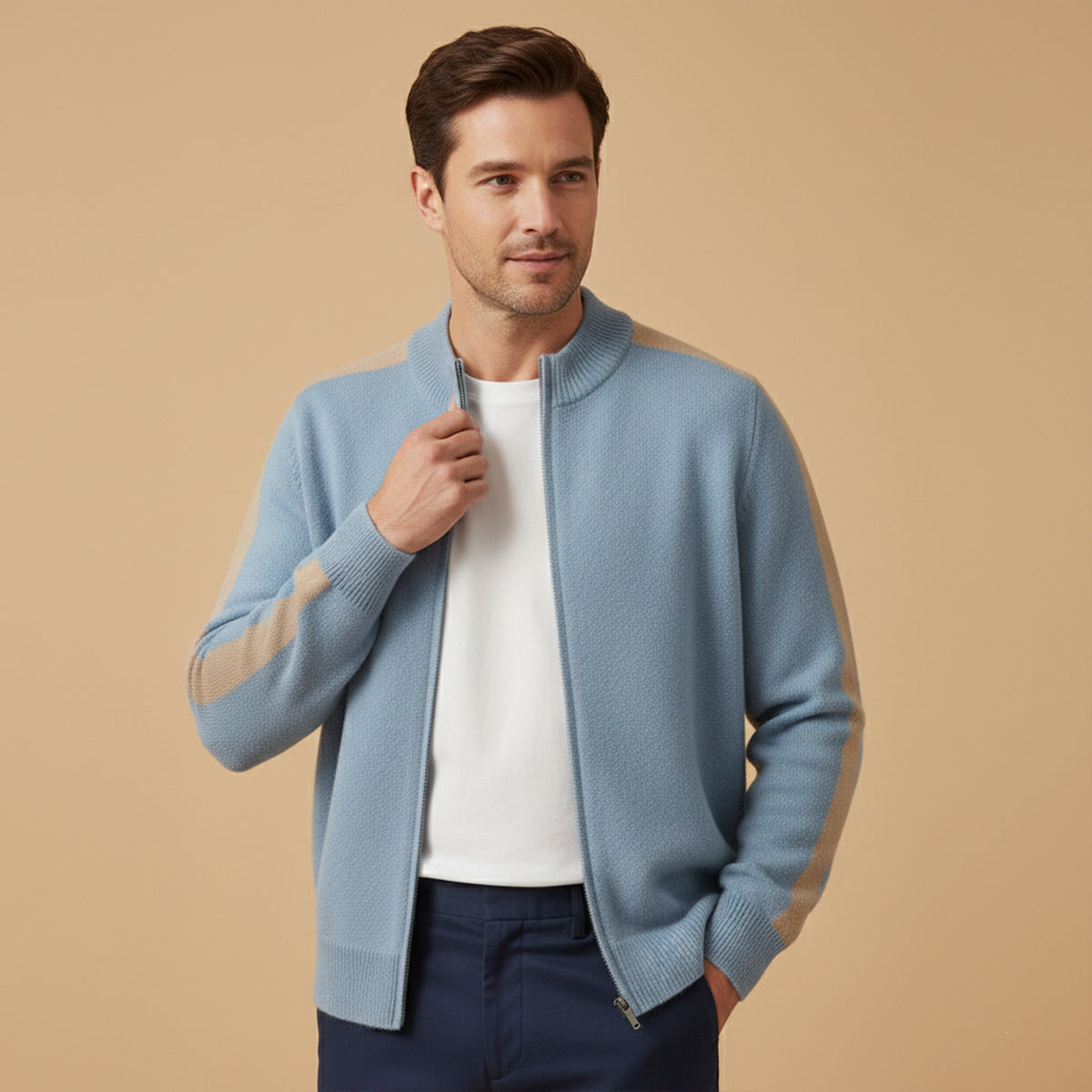 Men's cashmere zip-front sweater in light blue with tan side stripe details and ribbing