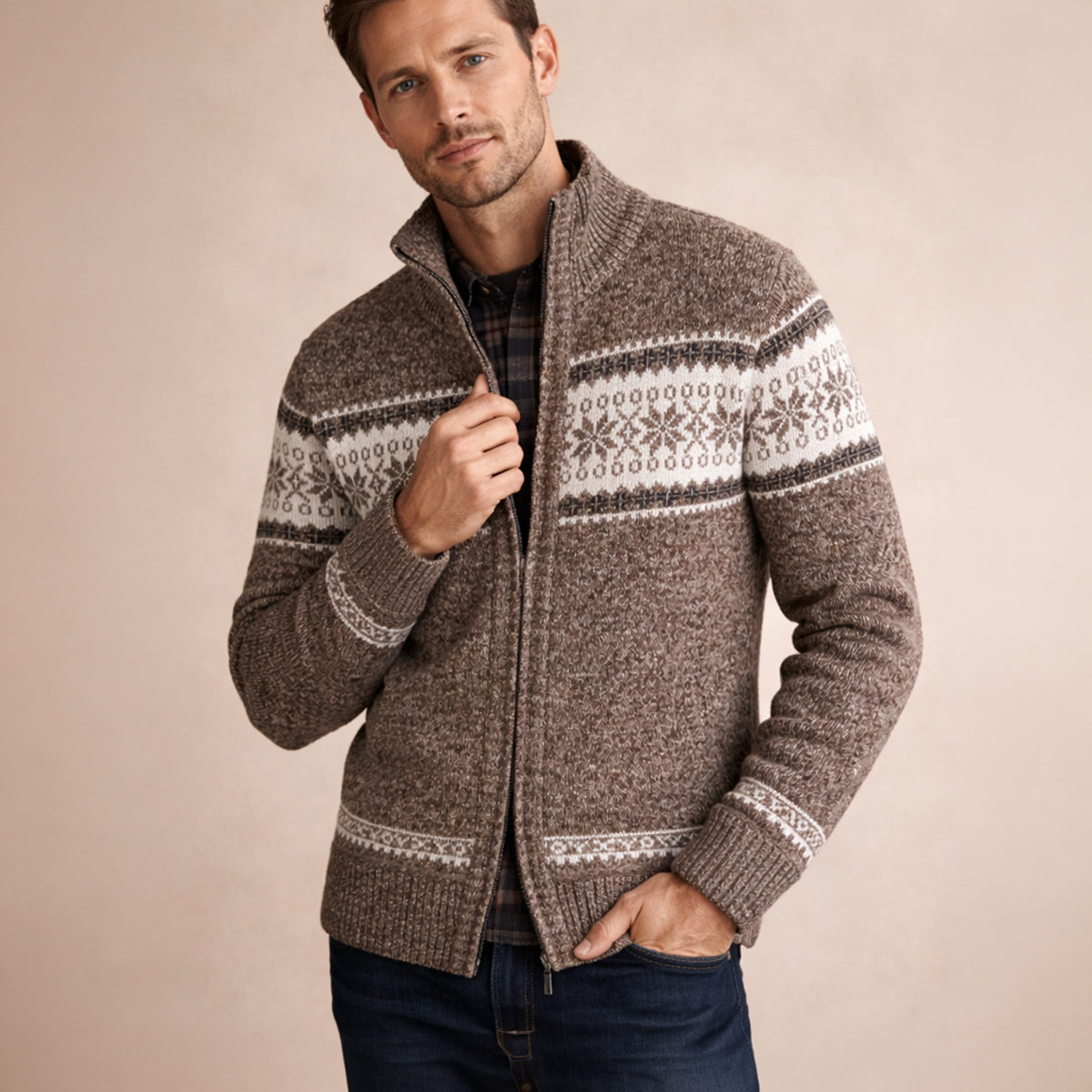 Dark gray knitted zip-up cardigan with Fair Isle yoke pattern and ribbed cuffs