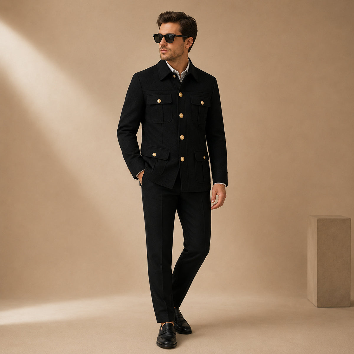 Men's black multi-pocket business suit set worn with matching trousers and gold buttons