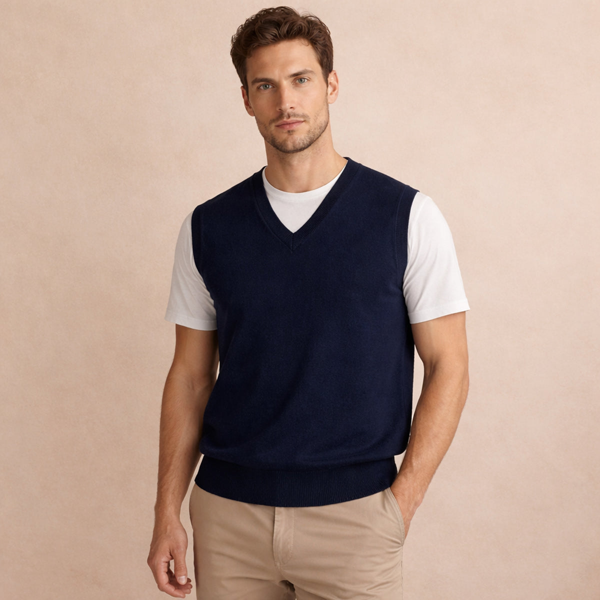 Men's navy V-neck sleeveless knit sweater vest worn over a white T-shirt