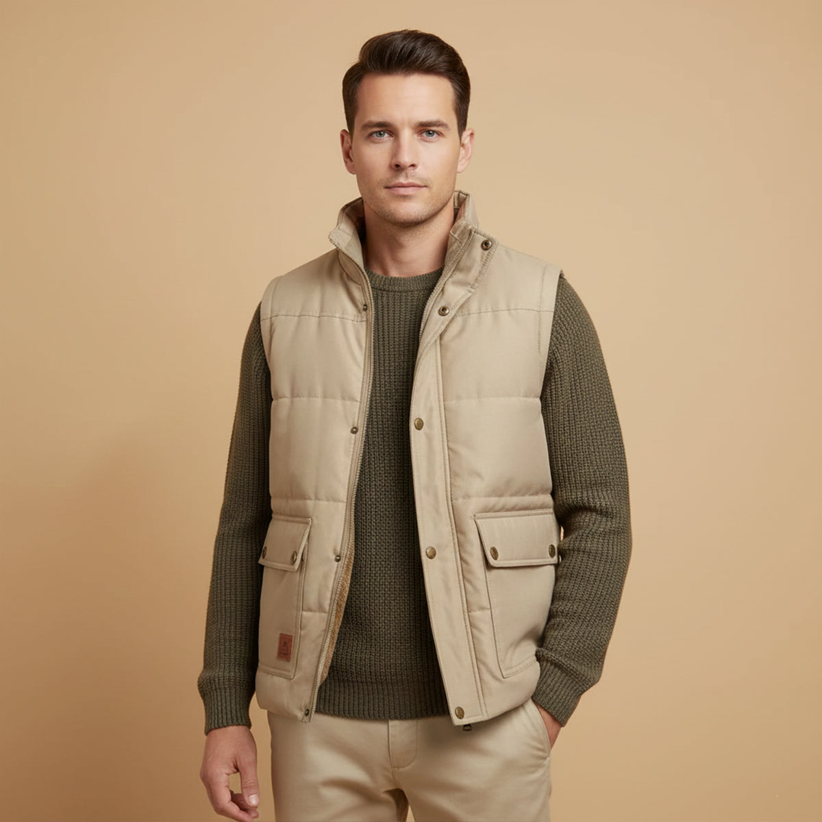 Men's khaki fleece-lined winter vest worn over a knit sweater, button front and two pockets