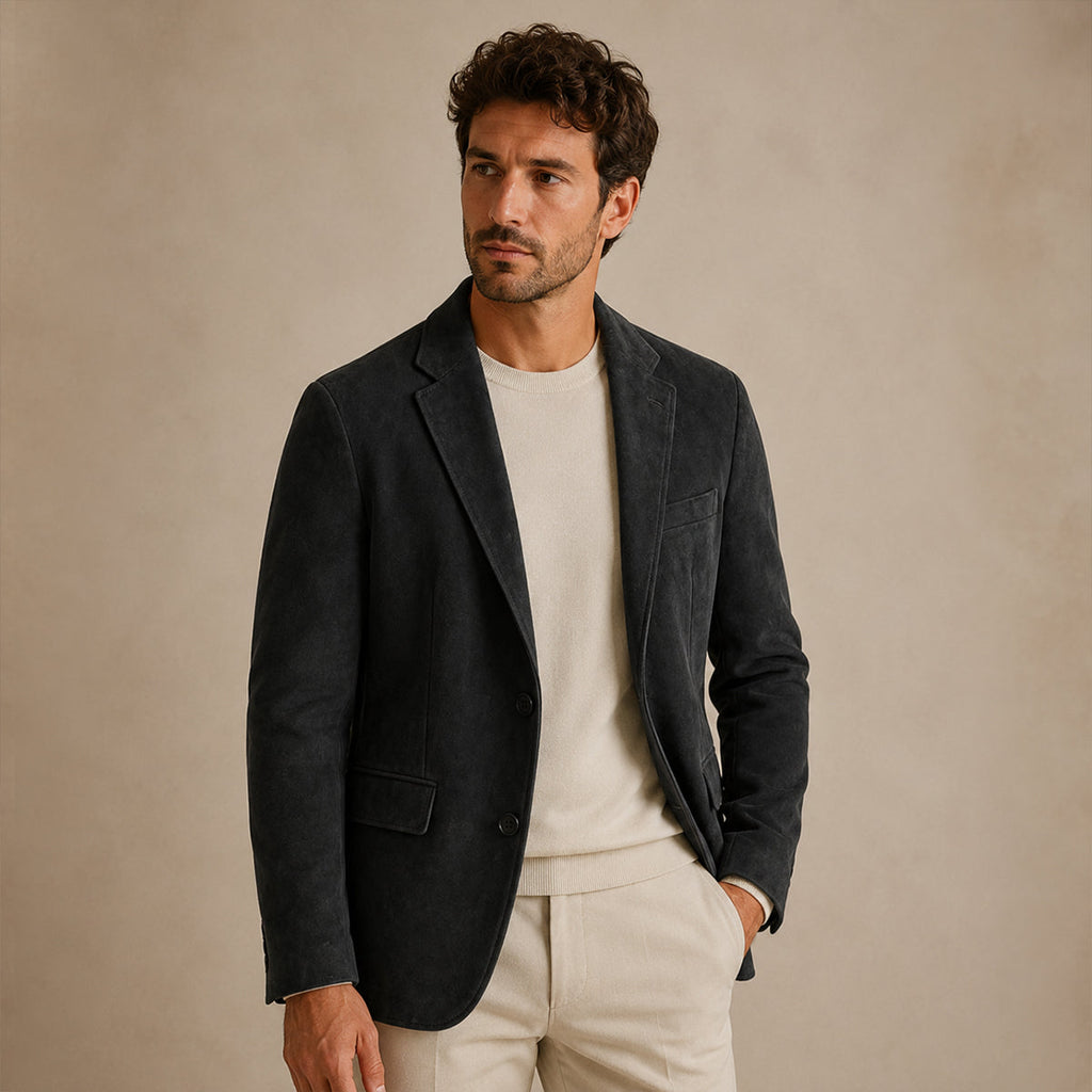 Men's black blazer with notched lapel and flap pockets, worn open at front