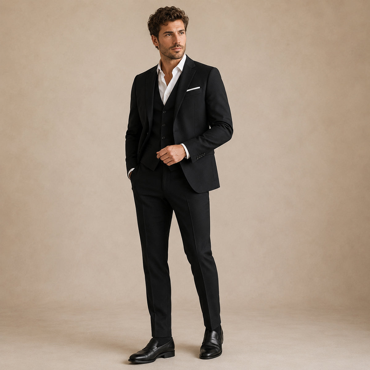 Men's black 3-piece suit set on model with blazer, vest, and trousers